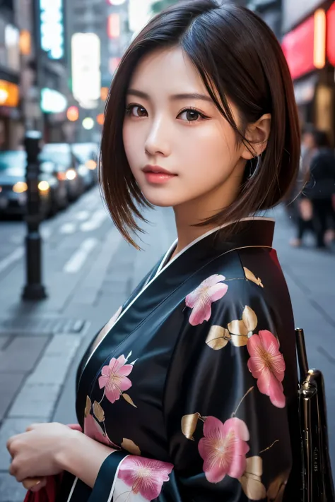 Beautiful Japanese supermodel woman, A lock of hair with slight highlights, black eyes, Sexy，street background，Gorgeous kimono , Liquid color flows across her face, Shooting against the light，Perfect facial lighting，mixed media