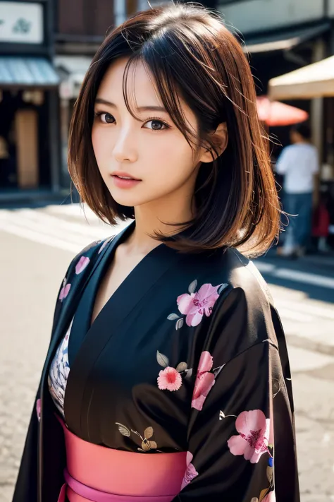 Beautiful Japanese supermodel woman, A lock of hair with slight highlights, black eyes, Sexy，street background，Gorgeous kimono , Liquid color flows across her face, Shooting against the light，Perfect facial lighting，mixed media