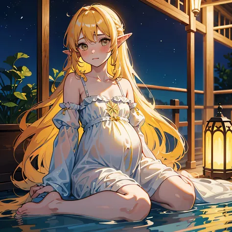 shy and blushing boy with long wavy yellow hair elf ears, wearing a nightgown with strips of transparent fabric and pregnant, na...