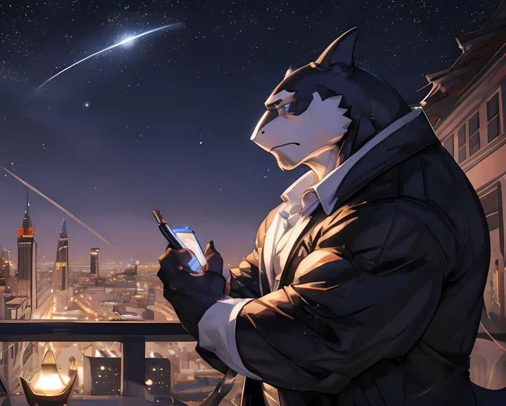 Anthropomorphic, (Solo), Anthro male, Single, Male, Muscle, Lone Orca, 50 years old, White office clothes, walking at night in the city, Perfect scaling, Masterpiece, by Luodejun, Praying, Shimmering stars, contemplating, Crying, Sad, Beautiful atmosphere,...