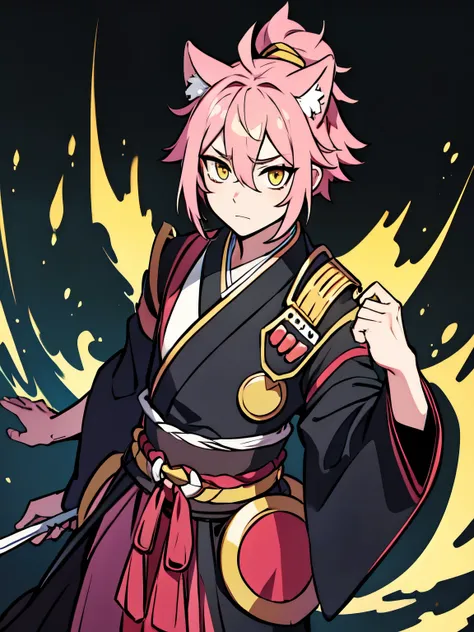 masterpiece, best quality, highres, male, 1man, pink hair, black hakama, yellow eyes, lanlingwang, neutral face, simple backgrou...