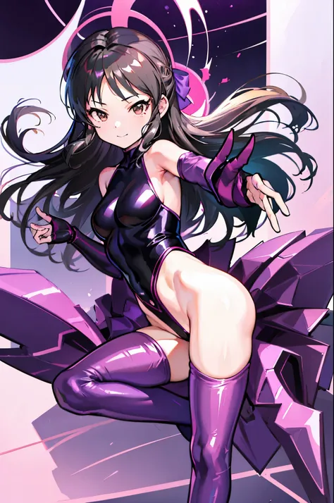 highest quality　Highest image quality　Adult-like body type　draw the face carefully　Anime style high quality face　super shiny skin　Black and purple leotard　Pink pantyhose　succubus　lure　smile　Rear view