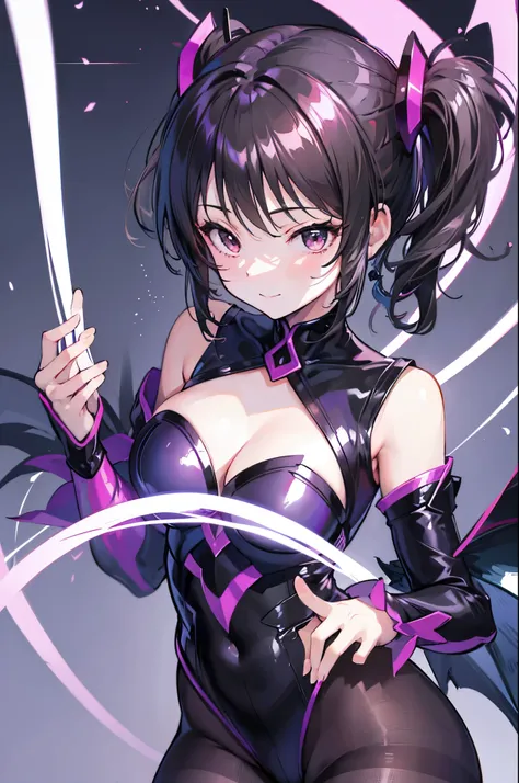 highest quality　Highest image quality　Adult-like body type　draw the face carefully　Anime style high quality face　super shiny skin　Black and purple leotard　Pink pantyhose　succubus　lure　smile　Rear view