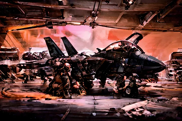 ((swat kats working in their flight suits on a black f-14 with red trim)), swat kats, photo realistic, masterpiece, best, aircra...