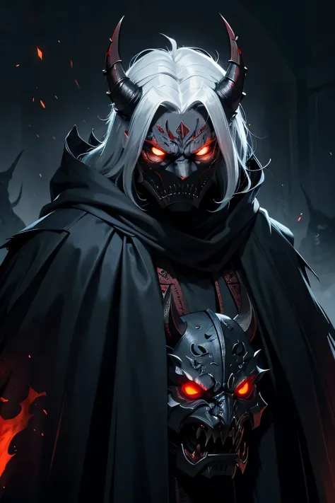 tall demon cloaked in shadow, wearing a shogun mask that snarls. a white mane. red eyes that glow. spiked pauldrons. heavy set. hidden in thick shadows. cloak made of shadows. wraith like. hell spawn. fanged mask. background its open cloak spreading out. o...