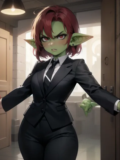 1girl,solo,goblin girl,red hair, short hairs,red eye,a little angry,black suit and tie,earrings,indoor