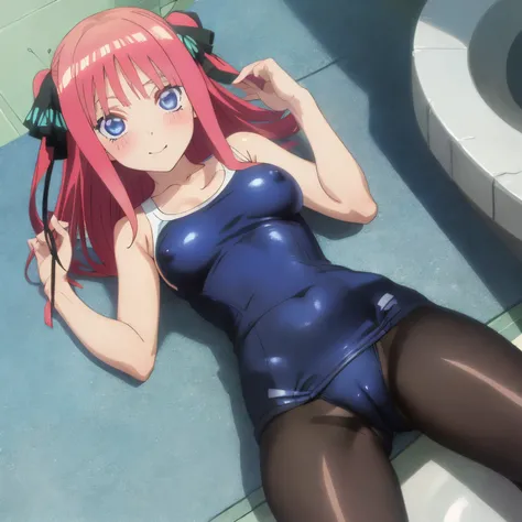 best quality, ultra-detailed masterpiece, anime art style, cute characters, nsfw, nino nakano, one-piece swimsuit, pantyhose