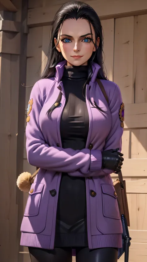 (Masterpiece), 1girl, high quality, best quality, extremely detailed eyes, extremely detailed body, blush, highly detailed, Nico robin, one piece, black hair, blue eyes,  looking at viewer, smile, large breasts, gloves, long sleeves, closed mouth, 1girl, p...