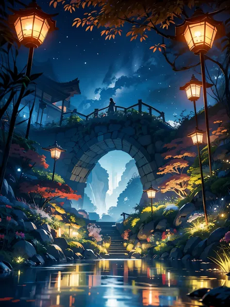 Uma paisagem noturna inspirada na arte japonesa, com um jardim iluminado por lanternas de papel e uma ponte de madeira sobre um lago tranquilo. The starry sky is reflected in the water, creating a magical environment. Na margem do lago, There is a small Ze...