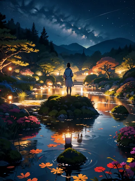 Uma paisagem noturna inspirada na arte japonesa, com um jardim iluminado por lanternas de papel e uma ponte de madeira sobre um lago tranquilo. The starry sky is reflected in the water, creating a magical environment. Na margem do lago, There is a small Ze...