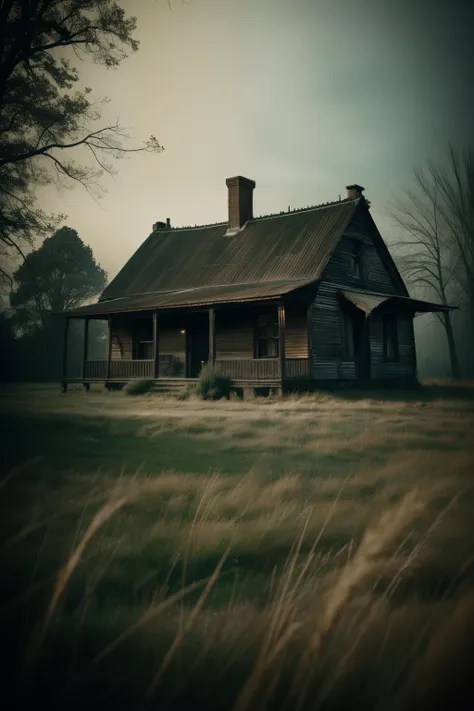 A hauntingly beautiful 8k home video, captured on a vintage 1970s camcorder, presents a tall demon standing ominously in front of an ancient, decrepit cottage. The brown grass surrounding the cottage is dry and parched, with smoke billowing from the chimne...