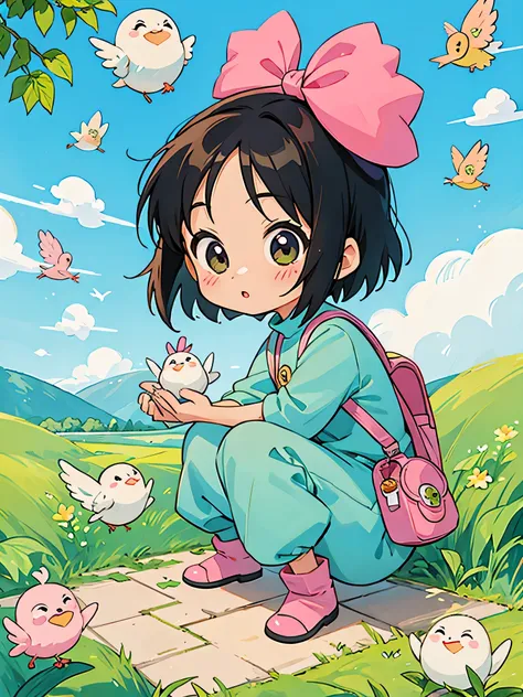 akira toriyama style, Kawaii Design, most beautiful girl ever、Chibi, beautiful spring afternoon、birdie