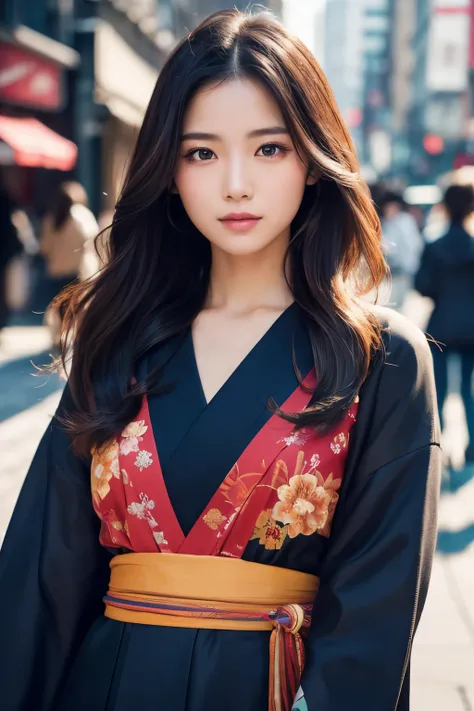 Beautiful Japanese supermodel woman, A lock of hair with slight highlights, black eyes, Sexy，street background，Gorgeous kimono , Liquid color flows across her face, Shooting against the light，Perfect facial lighting，mixed media