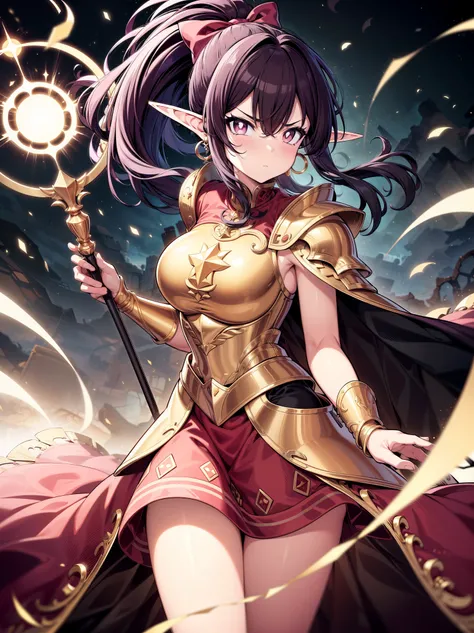 (masterpiece), (cowboy shot), (best quality, ultra-high resolution, depth of field:1.2), (perfect anatomy), Fair skin, Elf girl, pink eyes, no pupils, (shaded face), black hair in a hime hairstyle, ponytail, pink bow, gold earrings, armor, (golden armor), ...