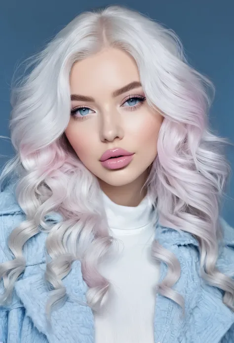 Curvy female with pale skin pink lips long wavy white hair icy blue sleepy eyes and a stylish outfit 