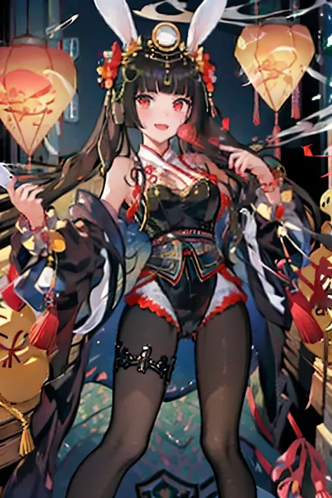 high quality、high resolution、masterpiece、,masterpiece, best quality,1girl, (solo:1.3),standing,KaguyaHime,long hair,black hair,red eyes,rabbit ears,