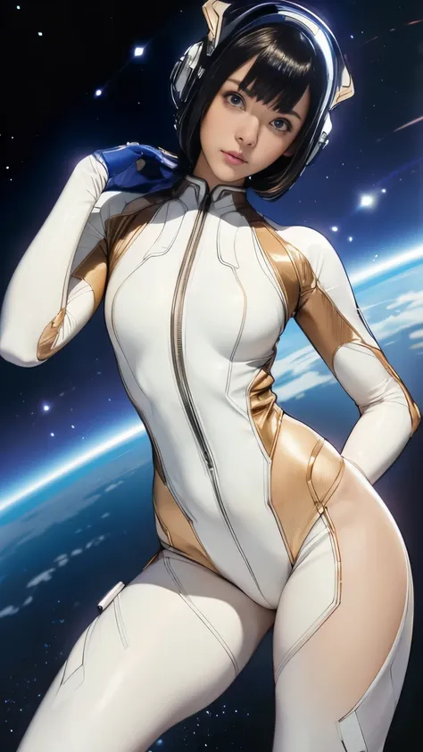 (masterpiece、highest quality、highest resolution、clear_image、Detailed details): (full body figure、15 year old girl、Japanese face、small face、thin、navy blue super short bob cut hair、blue colored eyes、((navy long sleeve space suit、space helmet))、headset、cosmic...