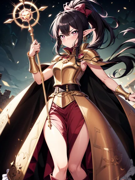 (masterpiece), (cowboy shot), (best quality, ultra-high resolution, depth of field:1.2), (perfect anatomy), Fair skin, Elf girl, pink eyes, no pupils, (shaded face), black hair in a hime hairstyle, ponytail, pink bow, gold earrings, armor, (golden armor), ...