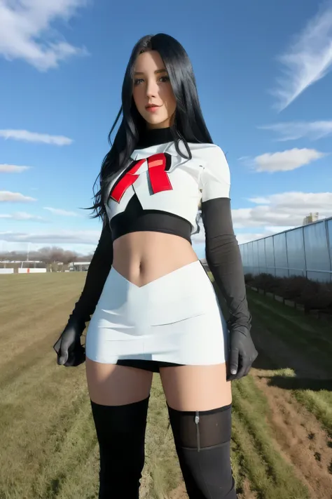 (vanessa),   team rocket,team rocket uniform, red letter R, white skirt,white crop top,black thigh-highs,black elbow gloves, cosplay, 4K, HDR, outdoors, sunny,
 