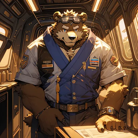 (masterpiece)，Very detailed，(best quality)，Vague，Bear，(((brown fur)))，golden fur，Extremely strong，the scientist，Standing in the cockpit of a spaceship，Outside the window of the spaceship is the universe，The background is cooler，Goggles are worn on the fore...