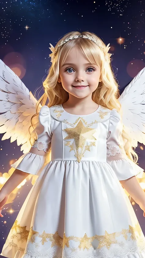 shoot from front, looking at viewer, beautiful toddler girl angel, smile, big eyes, blonde, A neat dress with sleeves that hide the chest, Angel wings on the back, A sparkling background with many shining stars, Prayer-like pose, photorealistic