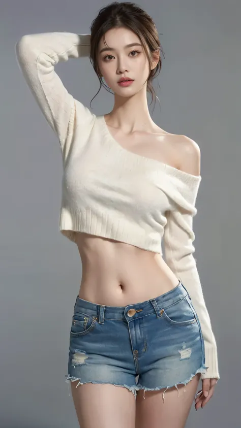 (masterpiece, best quality, ultra detailed, realistic:1.4), a young asian woman, (off-the-shoulder sweater and shorts), short messyhair, tall, slender figure, hands behind head, (longneck:1.3), ((longtorso, ltso):1.35)