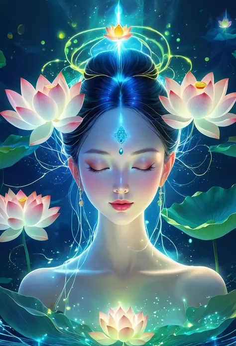 (masterpiece, best quality:1.2), In digital art style, charming illustration,peaceful picture,Ethereal beauty,Spiritual energy emanates,Fairy, beautiful eyes,lotus crown,tall lotus,Meditate,alone,body glow,Glowing lines,fluorescence,glow example,Example tr...
