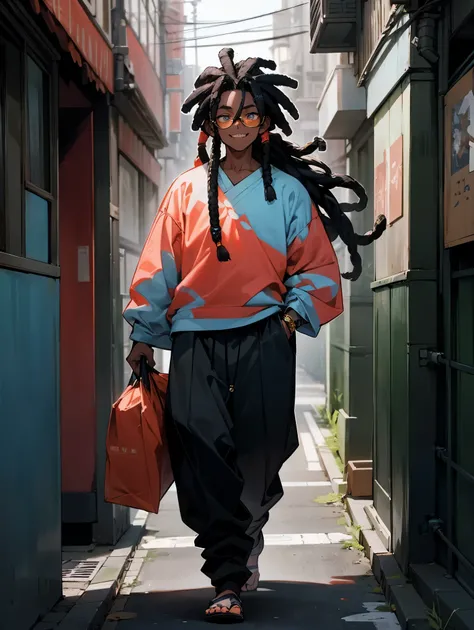 1male, dark skin, finely detailed coral eyes, black and blue ombré color dreadlocks, baggy long sleeve, loose baggy pants, glasses, sharp teeth, confident smile, serious, tokyo, walking down alleyway, hands in pockets 