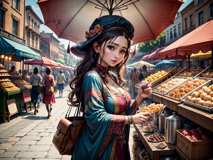 people are shopping at a market with umbrellas and tables, busy market, market setting, street market, with street food stalls, street vendors, food stalls, market, market stalls, food stall, some stalls, vendors, people shopping, temple fair, bustling wit...