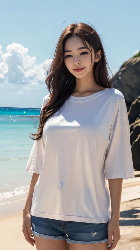 frizzy long hair, smile, surrealism, UHD, accurate, anatomically correct, textured skin, super detail, high details, best quality, 8 thousand, HD, (on a wide beach), (holding in urine), (치마를 붙잡고 holding in urine), paradise background, D-cup breasts, Her vi...