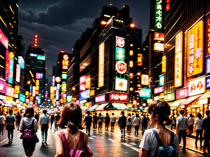 Office workers hurrying home amidst twinkling neon signs in downtown Tokyo at night