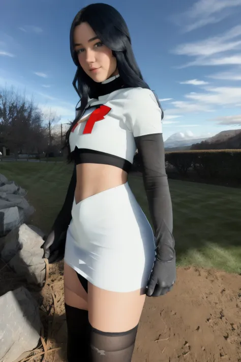 (vanessa),   team rocket,team rocket uniform, red letter R, white skirt,white crop top,black thigh-highs,black elbow gloves, cosplay, 4K, HDR, outdoors, sunny,
 