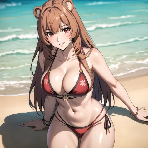 Raphtalia attractive woman 24 years old, orejas de oso, red eyes like rubies, cabello naranjo brillante, puntas rojas, pechos grandes, cuerpo mojado, red bikini with flower design, esta caminando por una playa, sonrisa alegre, rubor.