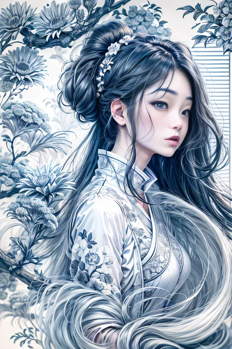 （Blue and white porcelain style：1.6），White background，1 Chinese long hair girl，Oriental elements，Reasonable design，clear lines，（Linear，monochrome）