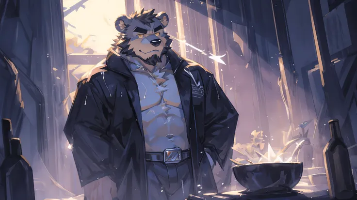 (masterpiece:1.2), best quality,pixiv,official art,perfect anatomy, (Ray tracing, light),solo, (1_male:1.3) , (muscle), (gray fur:1.4), (muscle bear), (beard:1.2), (gleaming golden eyes), Thick eyebrows, (naked:1.3) , (showering:1.3) , bathroom , french wi...