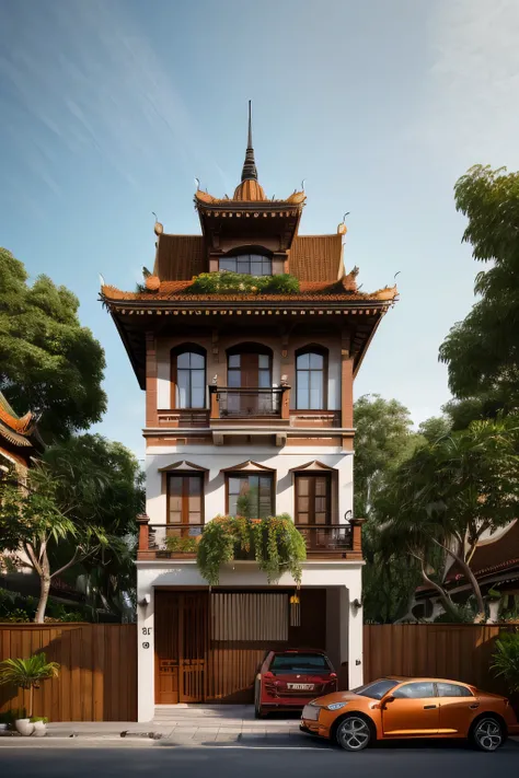 (Townhouse in city ,close houses and trees), ((indochine style architecture)) daylight ( best quality) ((high solution)) ,(( photo realistic)) ,warm light,  soft lighting, warm atmosphere,high Resolution, hyper detailed,4k ,vray render, octane render, hype...