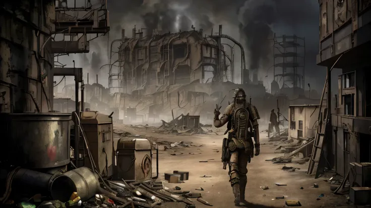 There is a photo，There is a lot of rubbish in the building, post apocalyptic background, steampunk factory background, apocalyptic background, post apocalyptic atmosphere, post Doomsday setting, apocalyptic city backround, black machine dieselpunk horrorco...