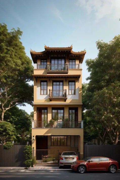 (Townhouse in city ,close houses and trees), ((indochine style architecture)) daylight ( best quality) ((high solution)) ,(( photo realistic)) ,warm light,  soft lighting, warm atmosphere,high Resolution, hyper detailed,4k ,vray render, octane render, hype...