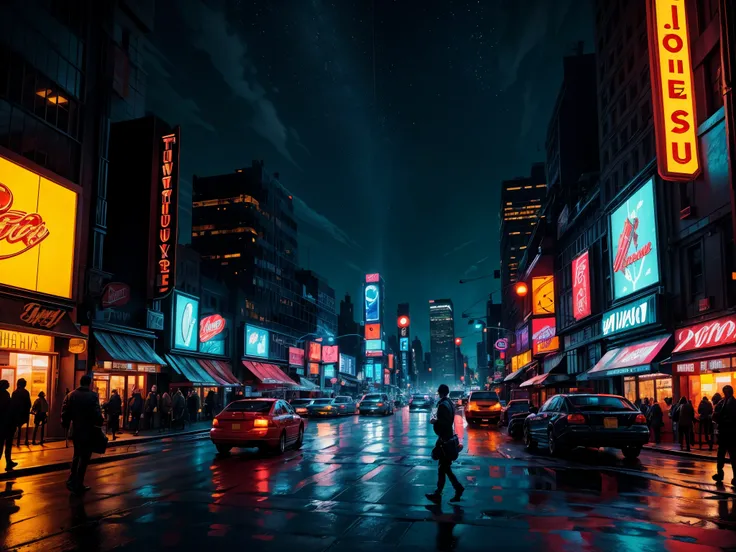 An urban scene of city life at night with office workers hurrying home amidst twinkling neon signs in downtown New York.

(best quality,4k,8k,highres,masterpiece:1.2),ultra-detailed,(realistic,photorealistic,photo-realistic:1.37), HDR, UHD, studio lighting...