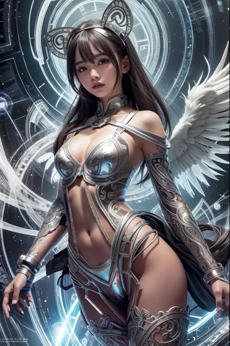 cyborg, girl, beautiful girl, cute, sexy, strong, thin, delicate, smile, (lolita costume), High leg, metallic, ultra color, paisley pattern, headgear, mandala, Near future, heaven, Angel, feather, wing, Helix lamp