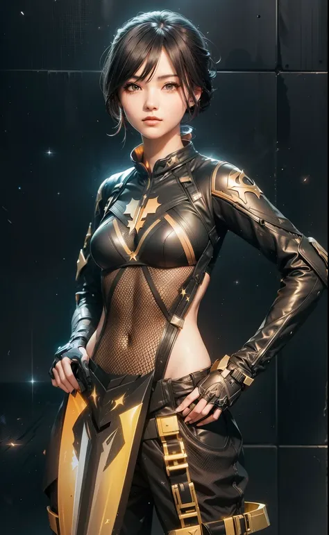 waist up beauty girl in black body tatical combat suit, (((stellar blade aesthetic style::1))), golden hour illumination, sharp ...