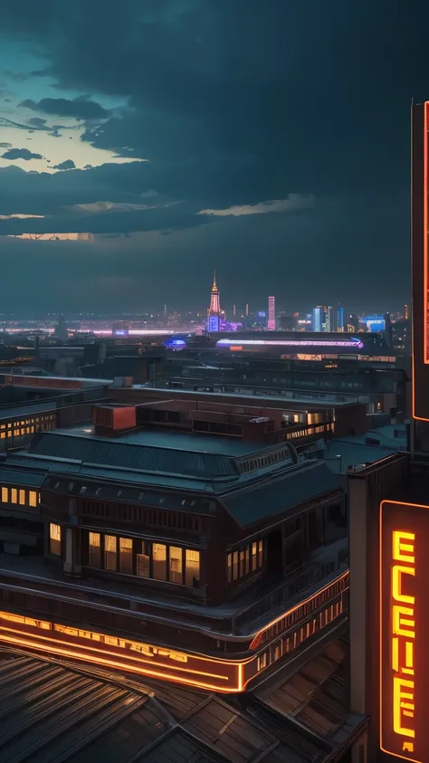 best quality, super fine, 16k, incredibly absurdres, extremely detailed, a building built nearly 100 years ago and a (large neon sign) on the roof, very old, retro, nostalgic, background contrasting scenery, In the distance is a futuristic city, a world in...