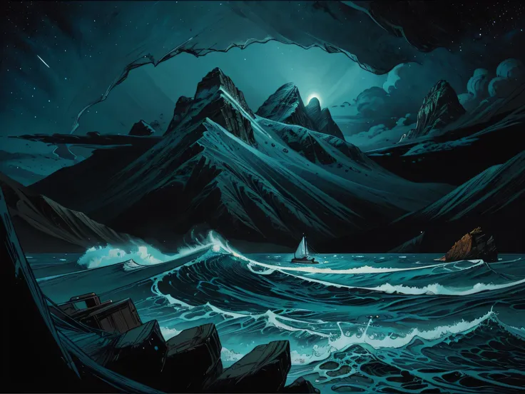 there is a painting of a ship in the ocean with mountains in the background, detailed dreamscape, inspired by kilian eng, calm n...