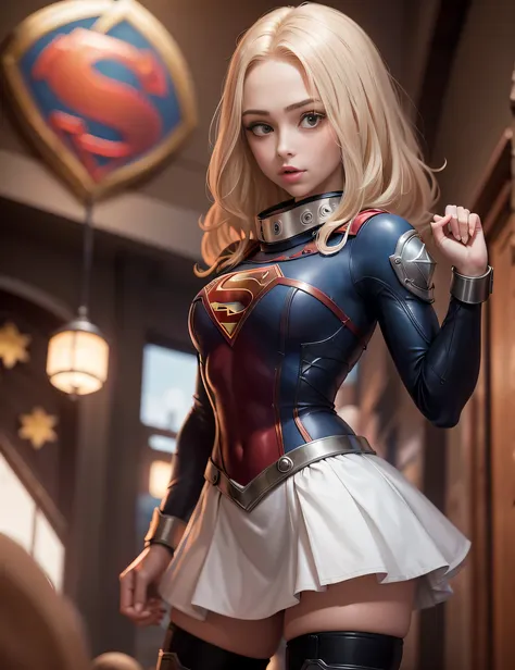 obra maestra、supergirl de pelo corto sentada en el pupitre de la escuela con las piernas cruzadas、pechos grandes y llenoirando a...