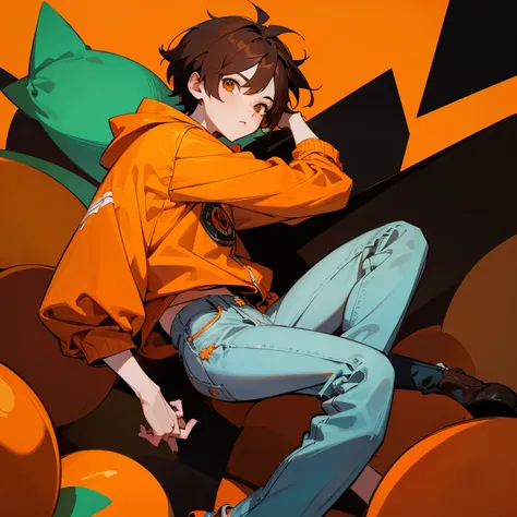 Brown hair anime boy, ojos naranjas con una chaqueta naranja con un buzo de lana gris y con rayas rojas, con unos jeans y con unos zapatos blancos con verde