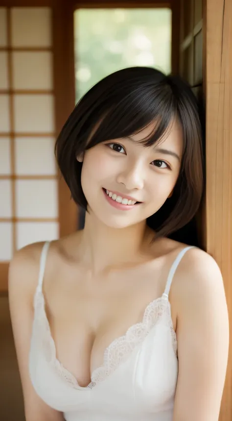 masterpiece,best quality,(Japanese ),((Beautiful girl)),cleavage,indoor,(perfect body beauty:1.2),(shy smile),beautiful teeth,