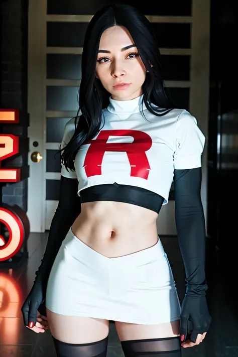 alinitydivine, a woman wearing team rocket,team rocket uniform, red letter r, white skirt,white crop top,black thigh-highs,black...