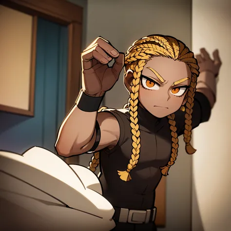 A brown skinned adult man with short dark blonde cornrows wearing a heroic costume inspired by my hero academia