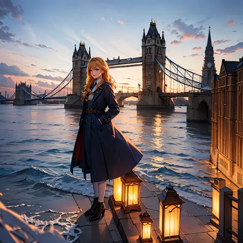 a woman with a long blue coat, personalized with the great britain flag, blonde hair, blue eyes, smiling, on england's tower bri...