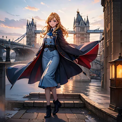 a woman with a long blue coat, personalized with the great britain flag, blonde hair, blue eyes, smiling, on england's tower bri...